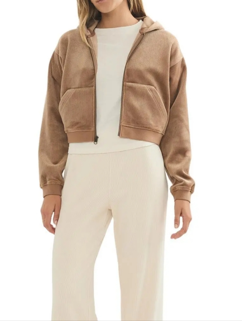 538. Marine Layer Velour Corduroy Zip Up Hoodie | Color: Toffee - Picture 4 of 10